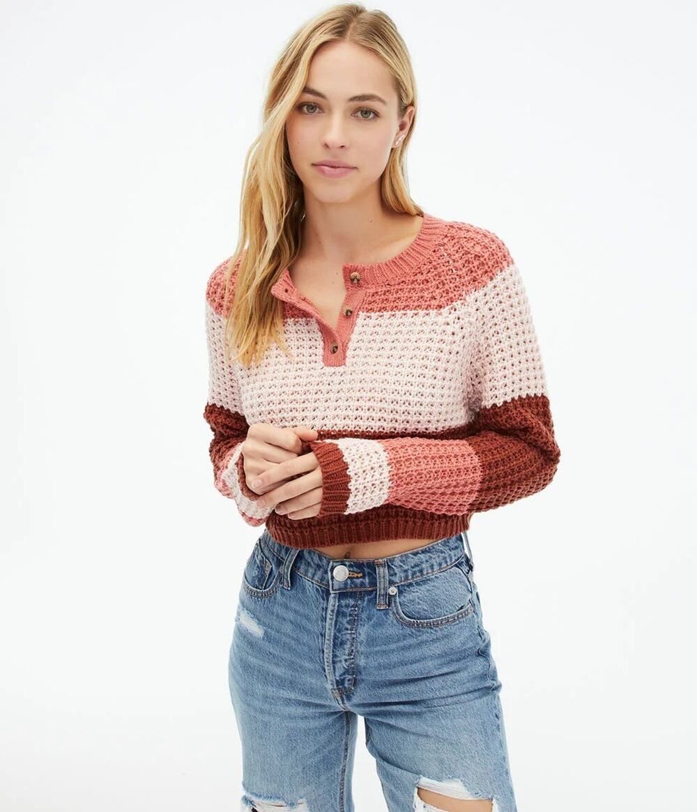 💥 Aeropostale Sweater Large Small Colorblock Henley Crochet Knit Cozy D6